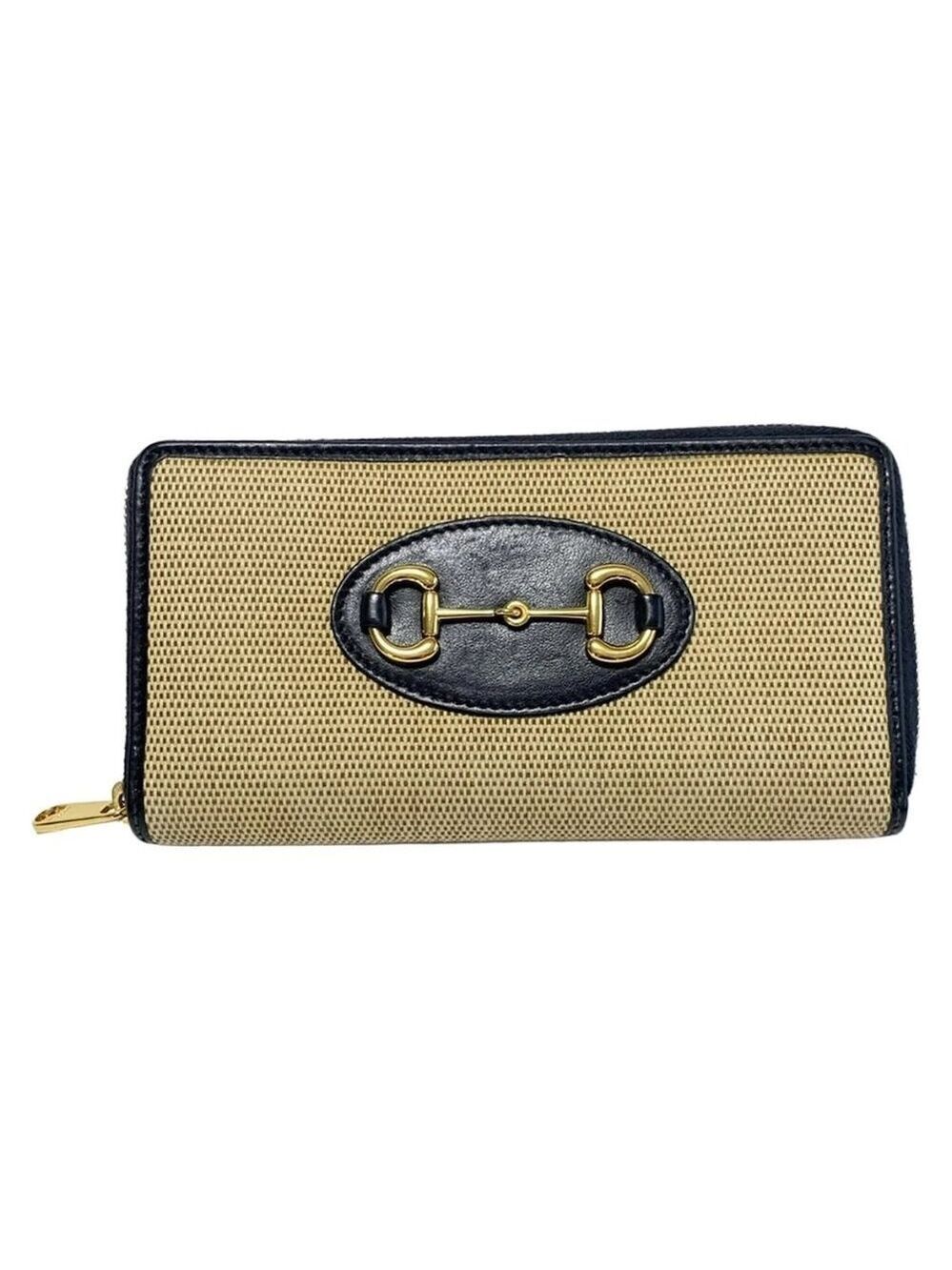 GUCCI Horsebit 1955 Beige Dark Navy Canvas Leather - Long Wallet 310-052225